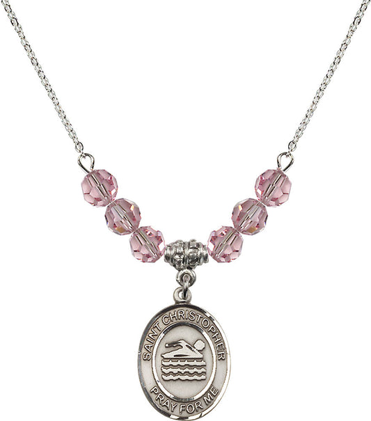 Sterling Silver Saint Christopher/Swimming Birthstone Necklace with Light Rose Beads - 8157
