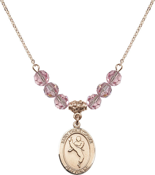 14kt Gold Filled Saint Christopher/Martial Arts Birthstone Necklace with Light Rose Beads - 8158