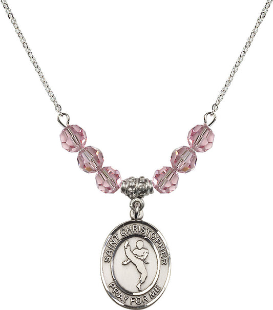 Sterling Silver Saint Christopher/Martial Arts Birthstone Necklace with Light Rose Beads - 8158