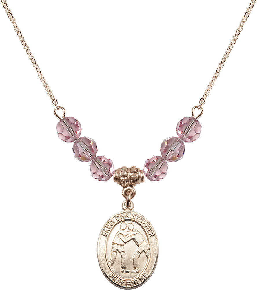14kt Gold Filled Saint Christopher/Wrestling Birthstone Necklace with Light Rose Beads - 8159
