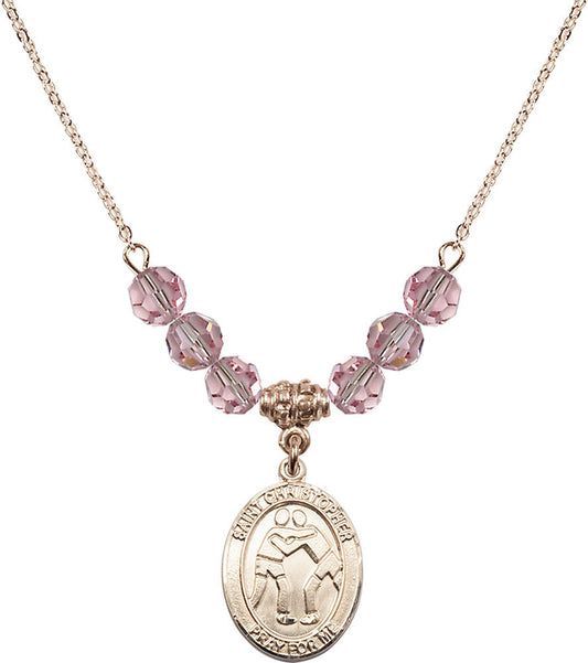 14kt Gold Filled Saint Christopher/Wrestling Birthstone Necklace with Light Rose Beads - 8159