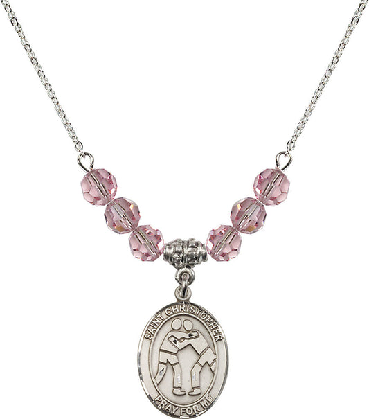 Sterling Silver Saint Christopher/Wrestling Birthstone Necklace with Light Rose Beads - 8159