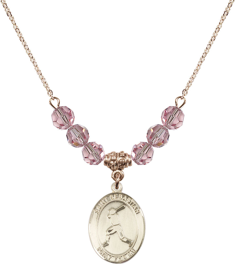 14kt Gold Filled Saint Sebastian/Baseball Birthstone Necklace with Light Rose Beads - 8160