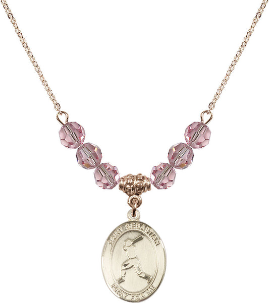 14kt Gold Filled Saint Sebastian/Baseball Birthstone Necklace with Light Rose Beads - 8160