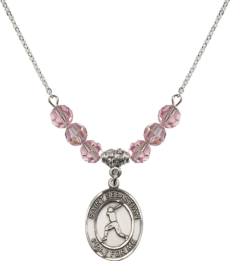 Sterling Silver Saint Sebastian/Baseball Birthstone Necklace with Light Rose Beads - 8160