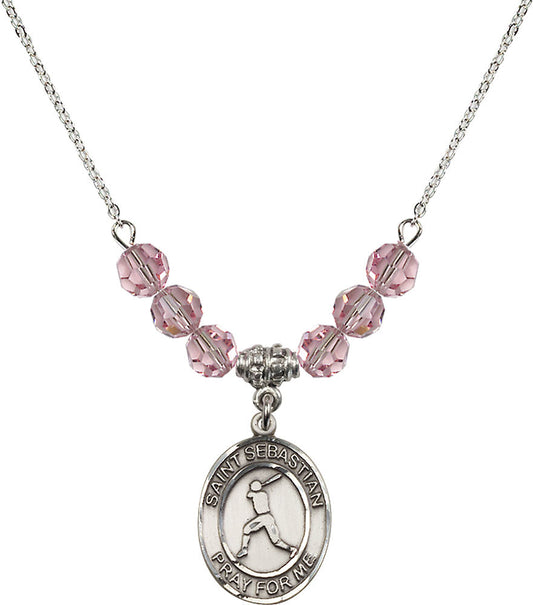 Sterling Silver Saint Sebastian/Baseball Birthstone Necklace with Light Rose Beads - 8160