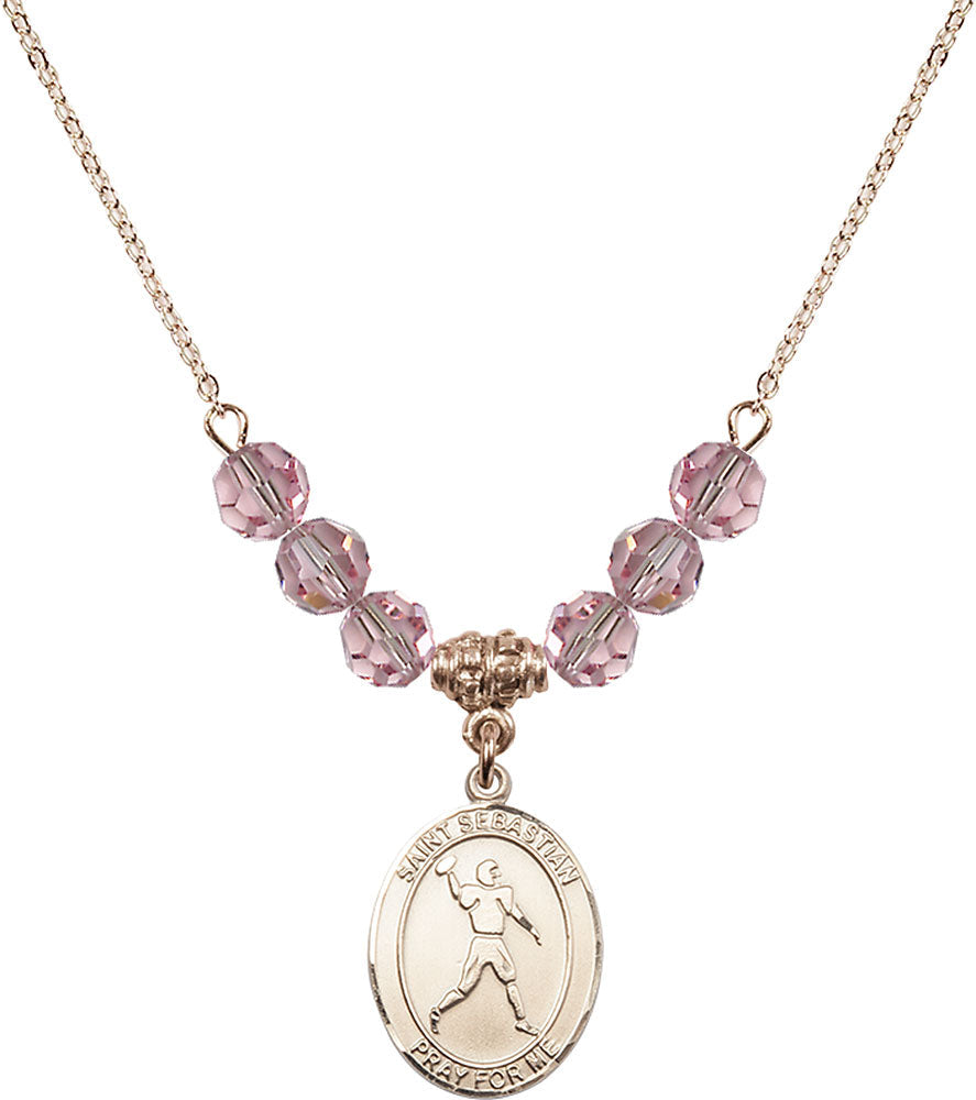 14kt Gold Filled Saint Sebastian/Football Birthstone Necklace with Light Rose Beads - 8161