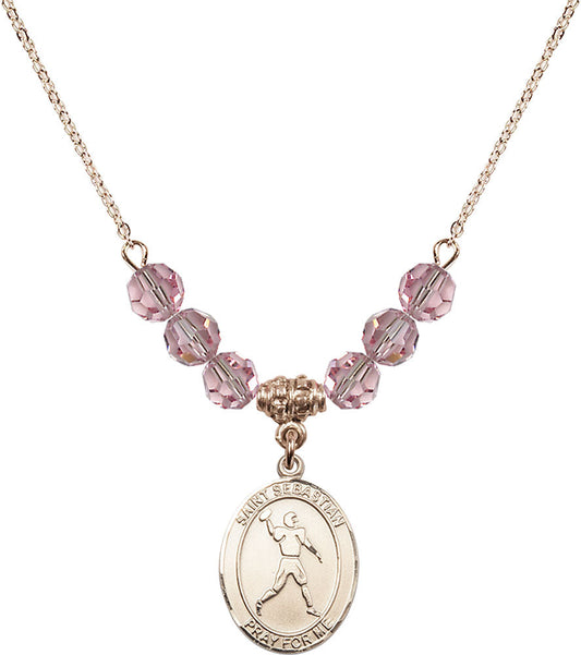 14kt Gold Filled Saint Sebastian/Football Birthstone Necklace with Light Rose Beads - 8161
