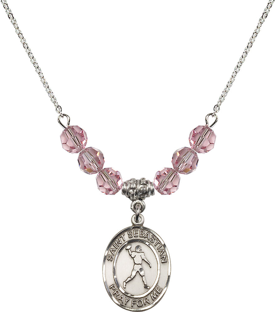 Sterling Silver Saint Sebastian/Football Birthstone Necklace with Light Rose Beads - 8161