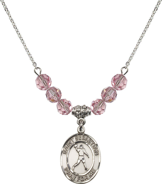 Sterling Silver Saint Sebastian/Football Birthstone Necklace with Light Rose Beads - 8161