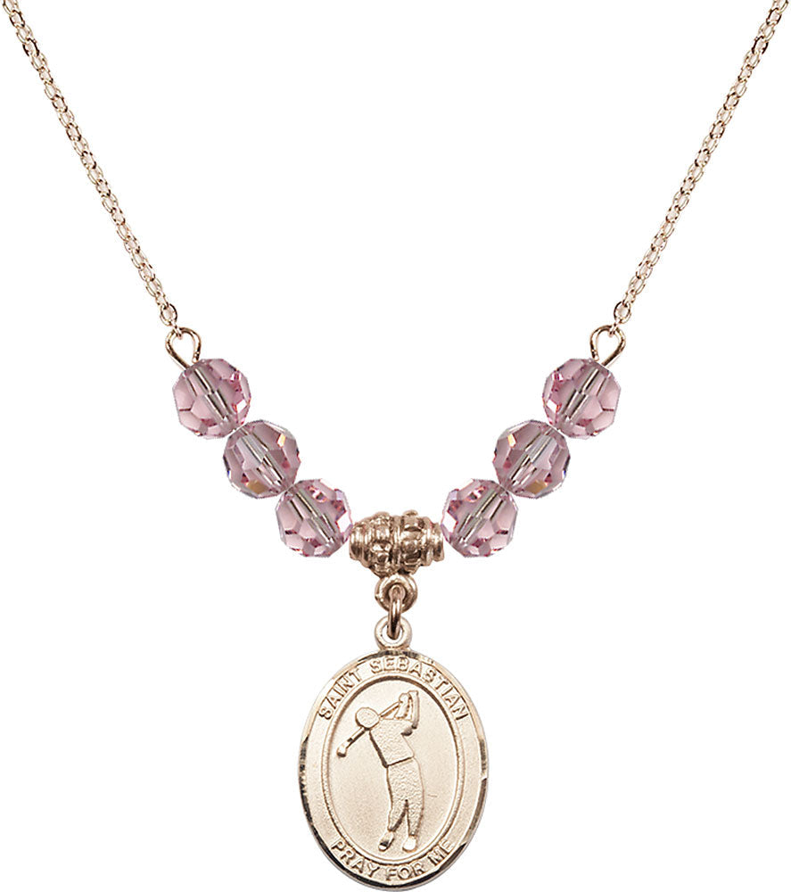 14kt Gold Filled Saint Sebastian/Golf Birthstone Necklace with Light Rose Beads - 8162