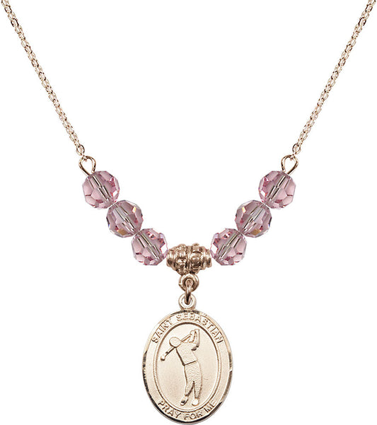 14kt Gold Filled Saint Sebastian/Golf Birthstone Necklace with Light Rose Beads - 8162