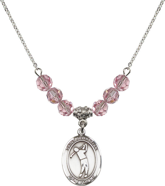 Sterling Silver Saint Sebastian/Golf Birthstone Necklace with Light Rose Beads - 8162