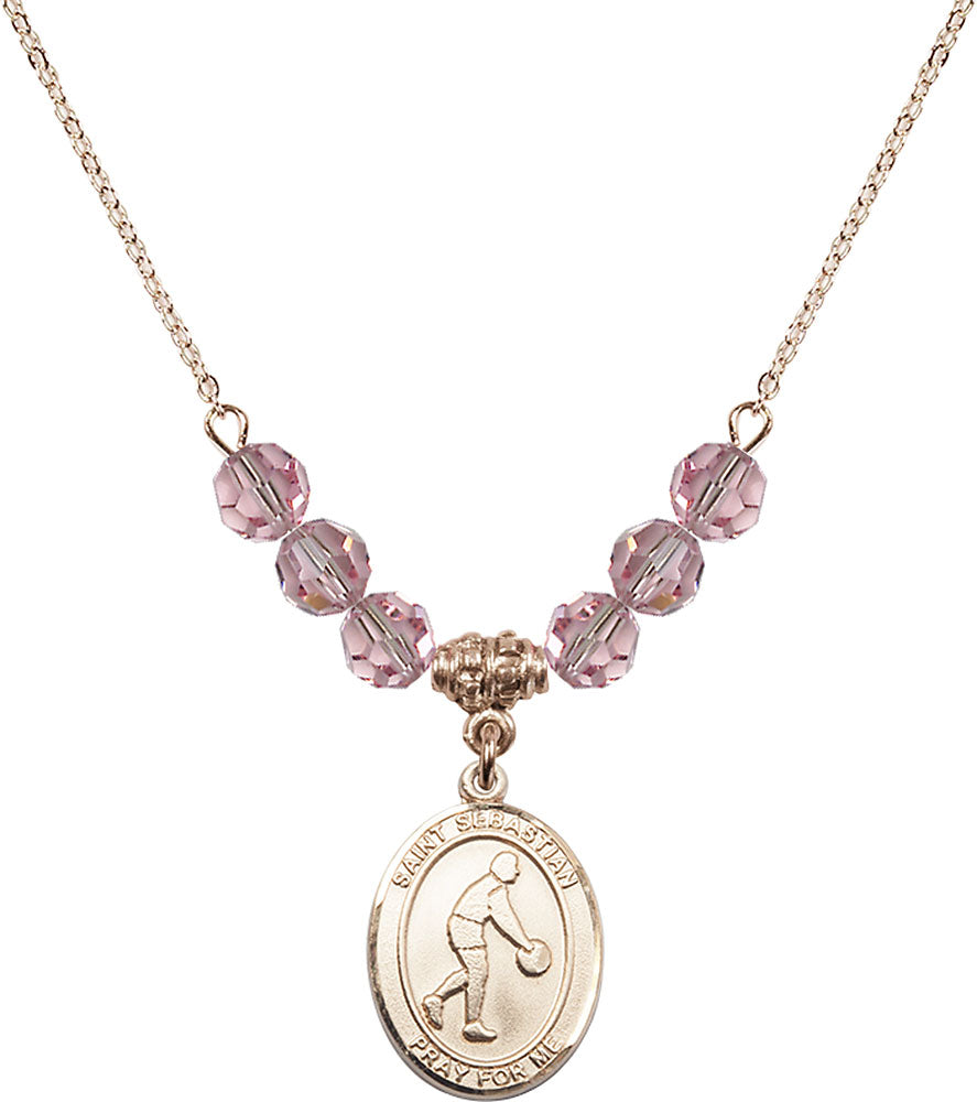 14kt Gold Filled Saint Sebastian/Basketball Birthstone Necklace with Light Rose Beads - 8163