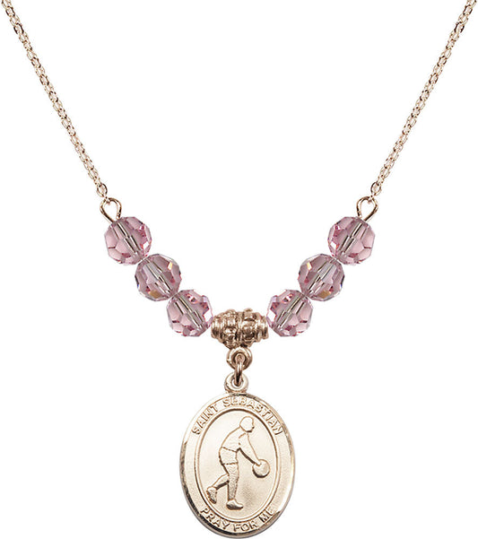 14kt Gold Filled Saint Sebastian/Basketball Birthstone Necklace with Light Rose Beads - 8163