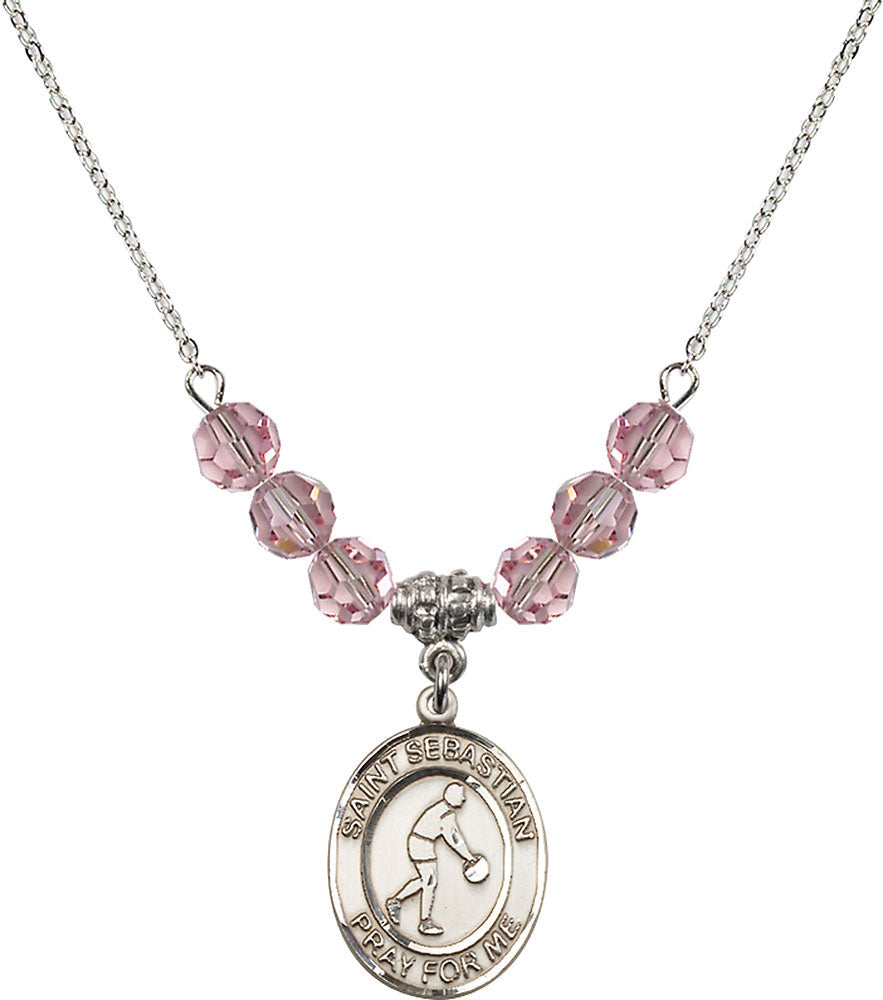 Sterling Silver Saint Sebastian/Basketball Birthstone Necklace with Light Rose Beads - 8163