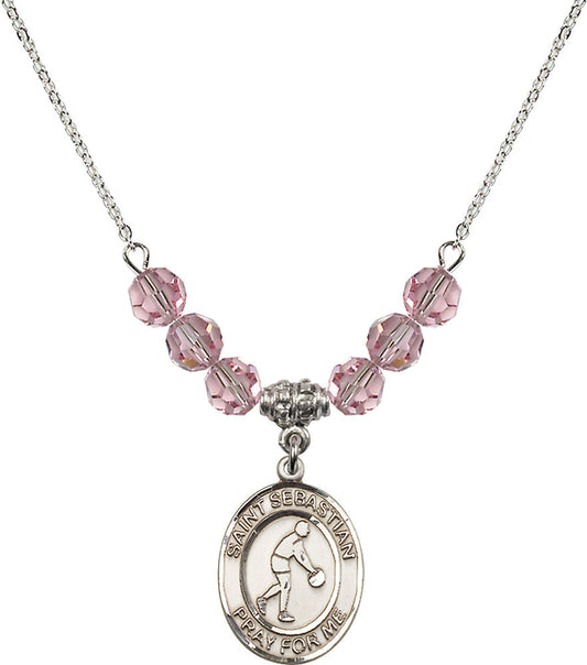 Sterling Silver Saint Sebastian/Basketball Birthstone Necklace with Light Rose Beads - 8163