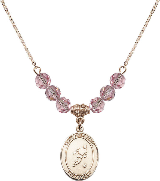 14kt Gold Filled Saint Sebastian/Soccer Birthstone Necklace with Light Rose Beads - 8164