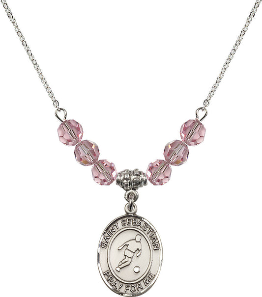 Sterling Silver Saint Sebastian/Soccer Birthstone Necklace with Light Rose Beads - 8164