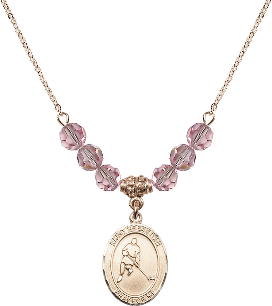 14kt Gold Filled Saint Sebastian/Ice Hockey Birthstone Necklace with Light Rose Beads - 8165