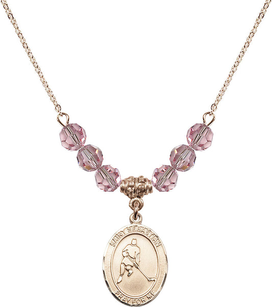 14kt Gold Filled Saint Sebastian/Ice Hockey Birthstone Necklace with Light Rose Beads - 8165