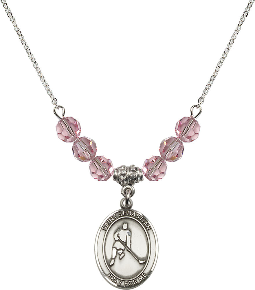 Sterling Silver Saint Sebastian/Ice Hockey Birthstone Necklace with Light Rose Beads - 8165