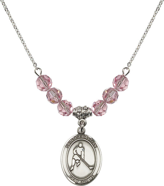 Sterling Silver Saint Sebastian/Ice Hockey Birthstone Necklace with Light Rose Beads - 8165