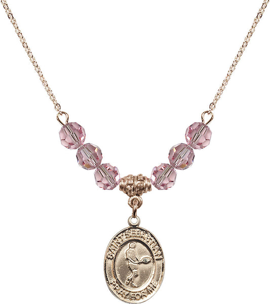 14kt Gold Filled Saint Sebastian/Tennis Birthstone Necklace with Light Rose Beads - 8166