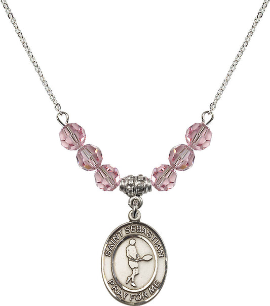 Sterling Silver Saint Sebastian/Tennis Birthstone Necklace with Light Rose Beads - 8166