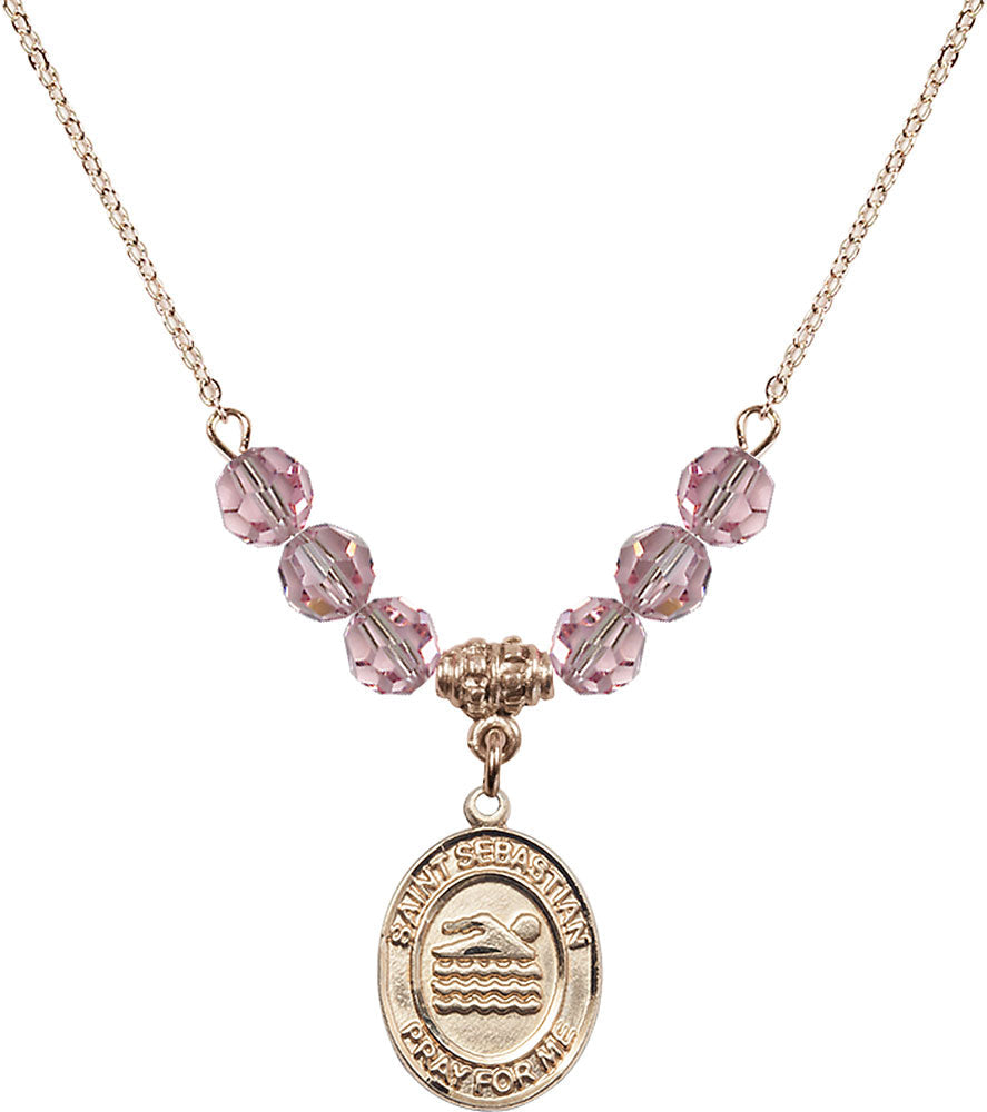14kt Gold Filled Saint Sebastian/Swimming Birthstone Necklace with Light Rose Beads - 8167