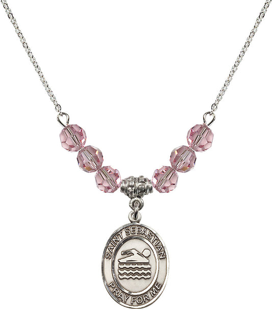 Sterling Silver Saint Sebastian/Swimming Birthstone Necklace with Light Rose Beads - 8167