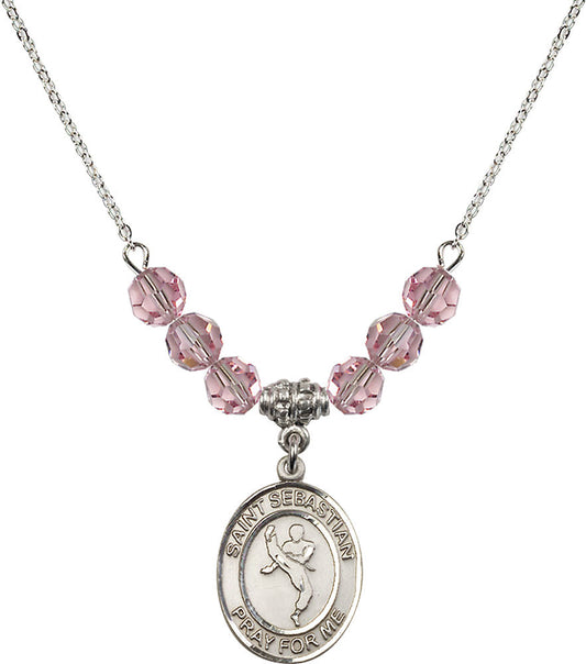Sterling Silver Saint Sebastian/Martial Arts Birthstone Necklace with Light Rose Beads - 8168