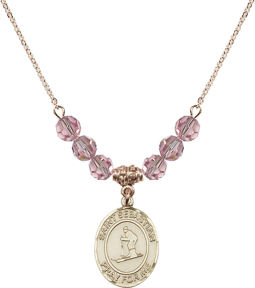 14kt Gold Filled Saint Sebastian/Skiing Birthstone Necklace with Light Rose Beads - 8169