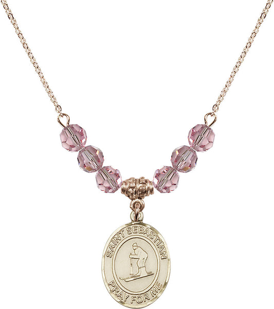 14kt Gold Filled Saint Sebastian/Skiing Birthstone Necklace with Light Rose Beads - 8169