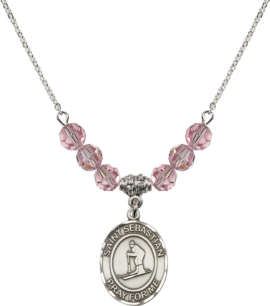 Sterling Silver Saint Sebastian/Skiing Birthstone Necklace with Light Rose Beads - 8169