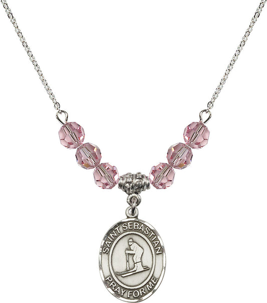 Sterling Silver Saint Sebastian/Skiing Birthstone Necklace with Light Rose Beads - 8169