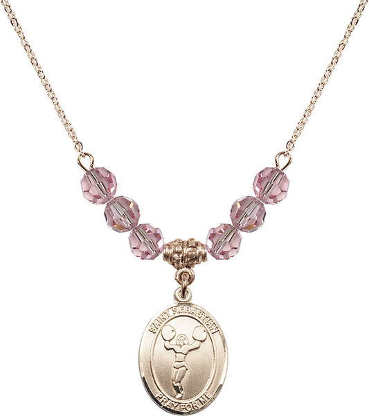 14kt Gold Filled Saint Sebastian/Cheerleading Birthstone Necklace with Light Rose Beads - 8170
