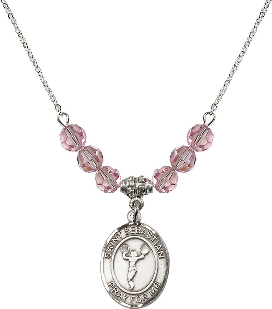 Sterling Silver Saint Sebastian/Cheerleading Birthstone Necklace with Light Rose Beads - 8170