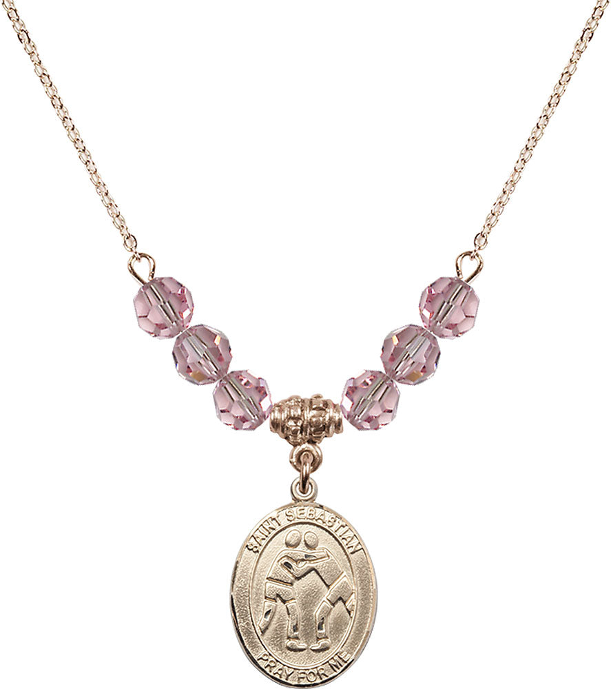 14kt Gold Filled Saint Sebastian/Wrestling Birthstone Necklace with Light Rose Beads - 8171