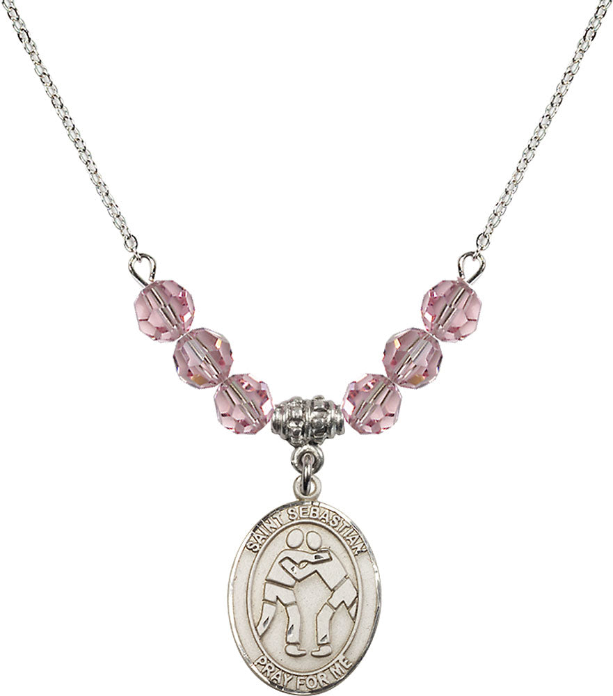 Sterling Silver Saint Sebastian/Wrestling Birthstone Necklace with Light Rose Beads - 8171