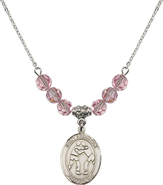 Sterling Silver Saint Sebastian/Wrestling Birthstone Necklace with Light Rose Beads - 8171