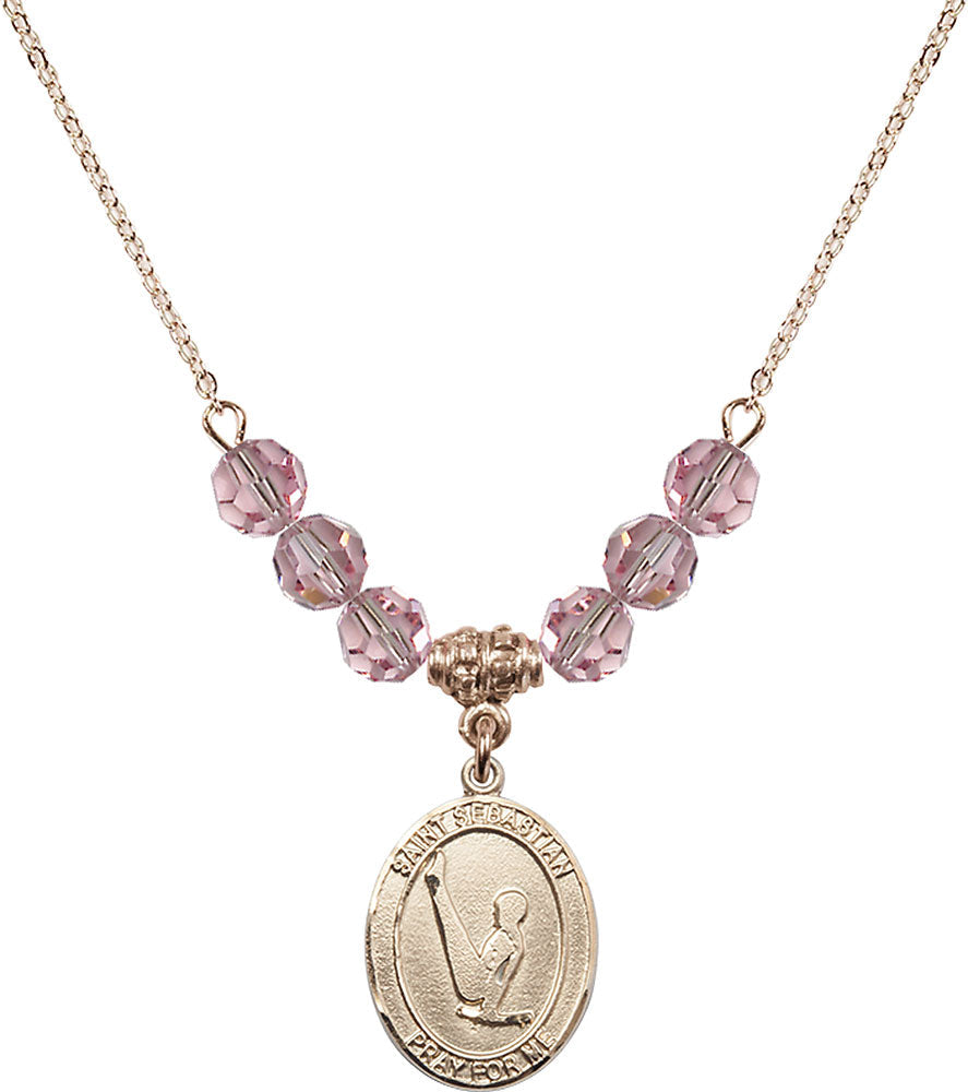14kt Gold Filled Saint Sebastian/Gymnastics Birthstone Necklace with Light Rose Beads - 8172
