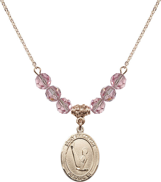 14kt Gold Filled Saint Sebastian/Gymnastics Birthstone Necklace with Light Rose Beads - 8172