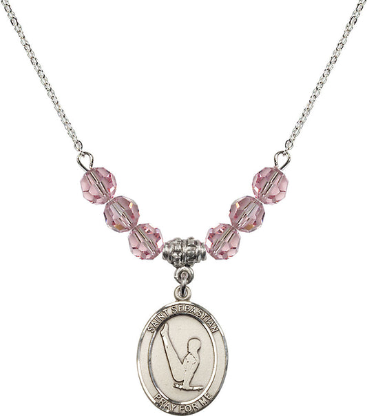 Sterling Silver Saint Sebastian/Gymnastics Birthstone Necklace with Light Rose Beads - 8172