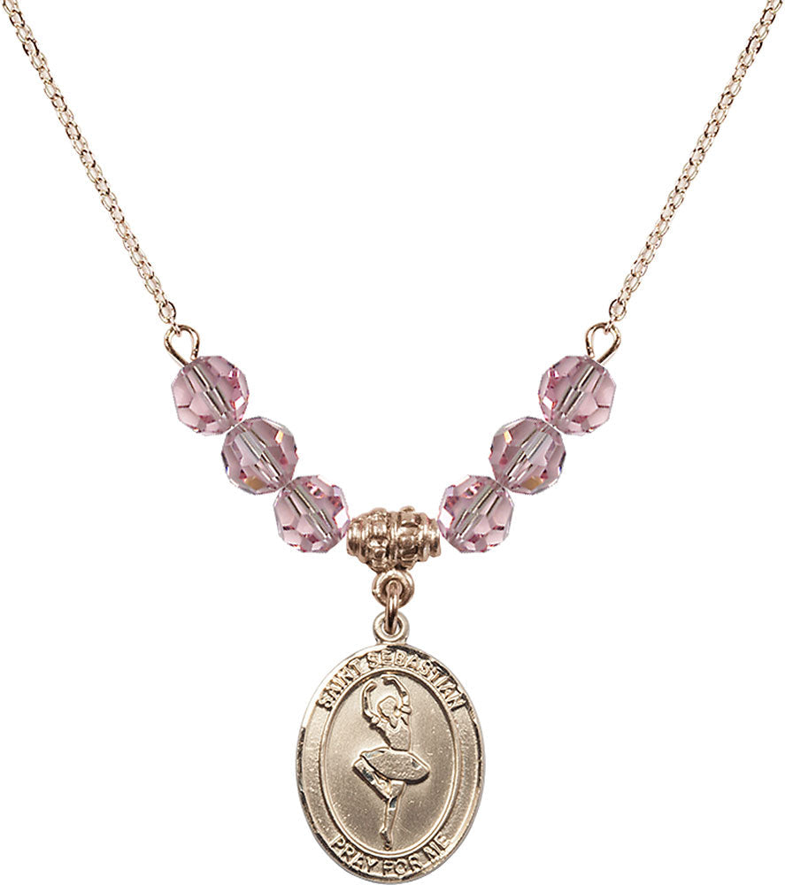 14kt Gold Filled Saint Sebastian/Dance Birthstone Necklace with Light Rose Beads - 8173