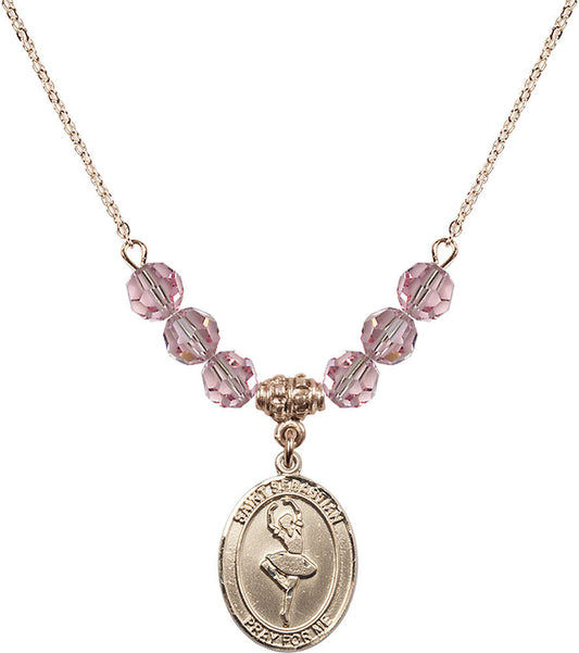14kt Gold Filled Saint Sebastian/Dance Birthstone Necklace with Light Rose Beads - 8173