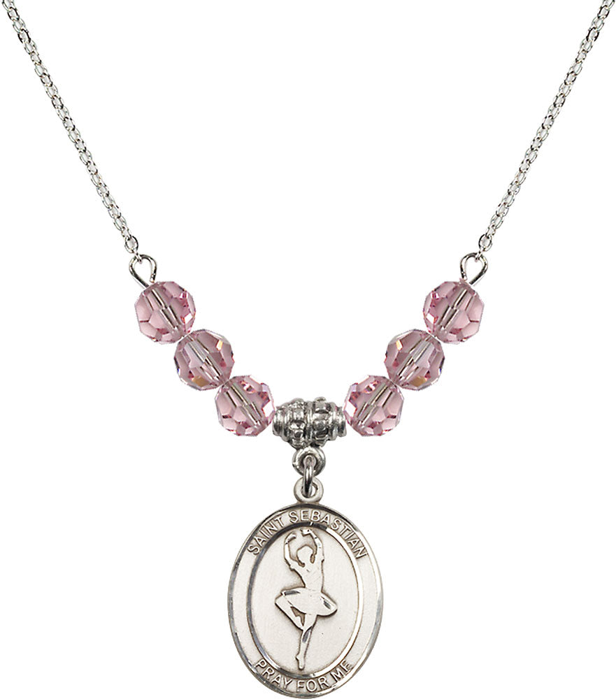Sterling Silver Saint Sebastian/Dance Birthstone Necklace with Light Rose Beads - 8173