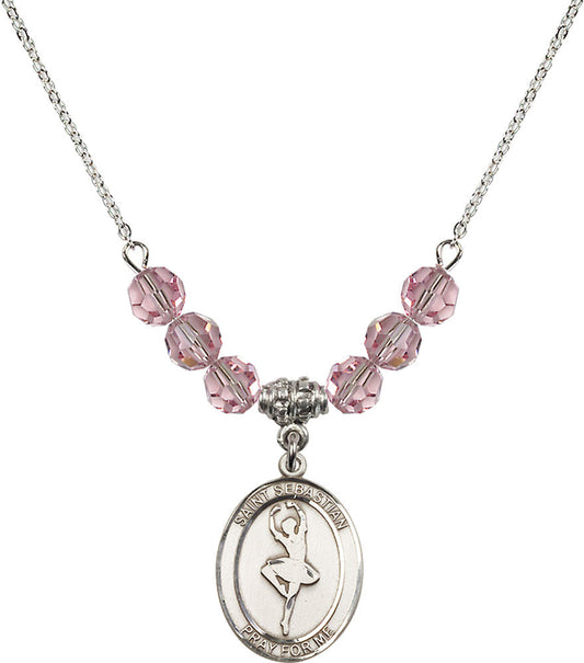 Sterling Silver Saint Sebastian/Dance Birthstone Necklace with Light Rose Beads - 8173