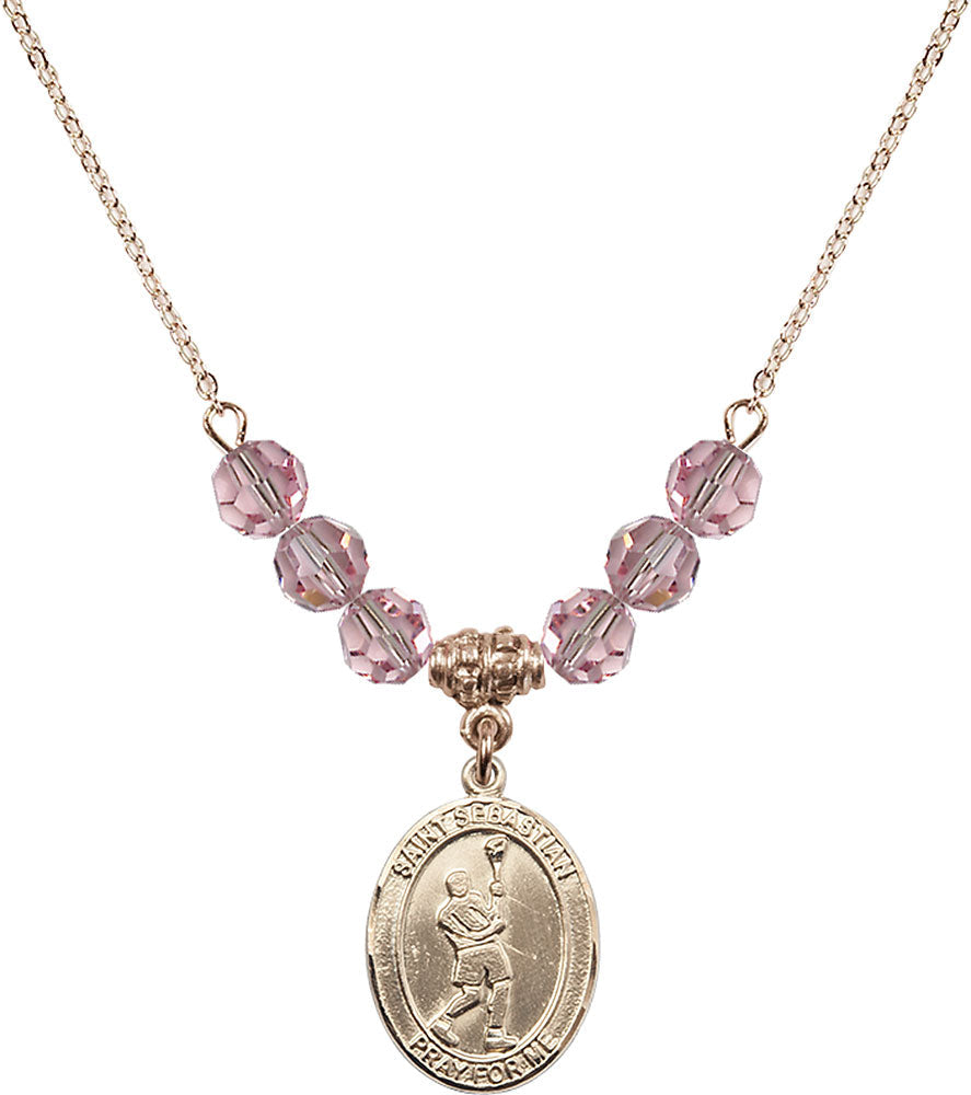 14kt Gold Filled Saint Sebastian/Lacrosse Birthstone Necklace with Light Rose Beads - 8174