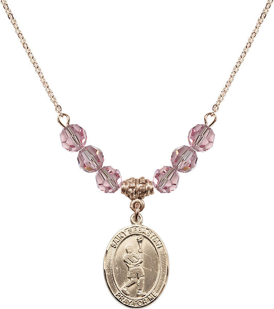 14kt Gold Filled Saint Sebastian/Lacrosse Birthstone Necklace with Light Rose Beads - 8174